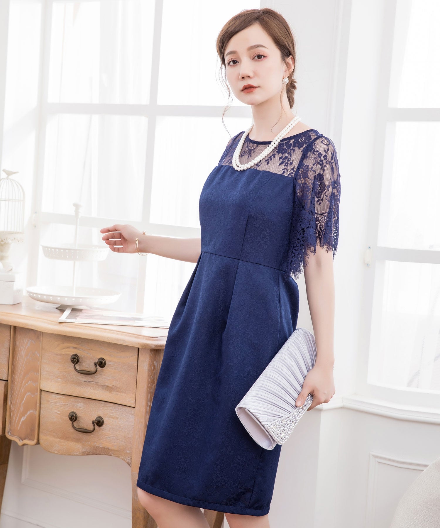 レース5分袖&結婚式・お呼ばれ対応ワンピースドレスcy88009