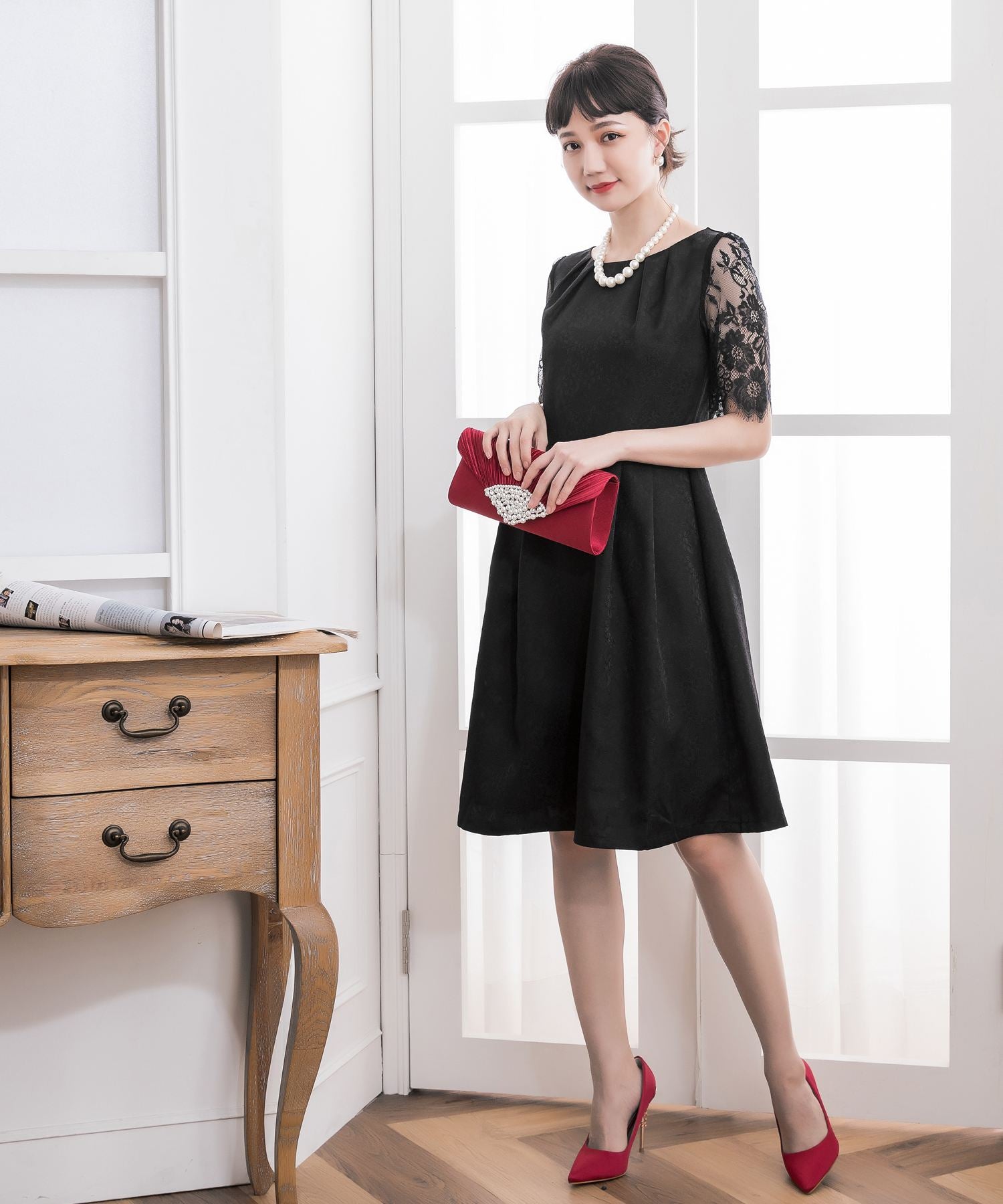 レーススリーブ&結婚式・お呼ばれ対応ワンピースドレスcy88035