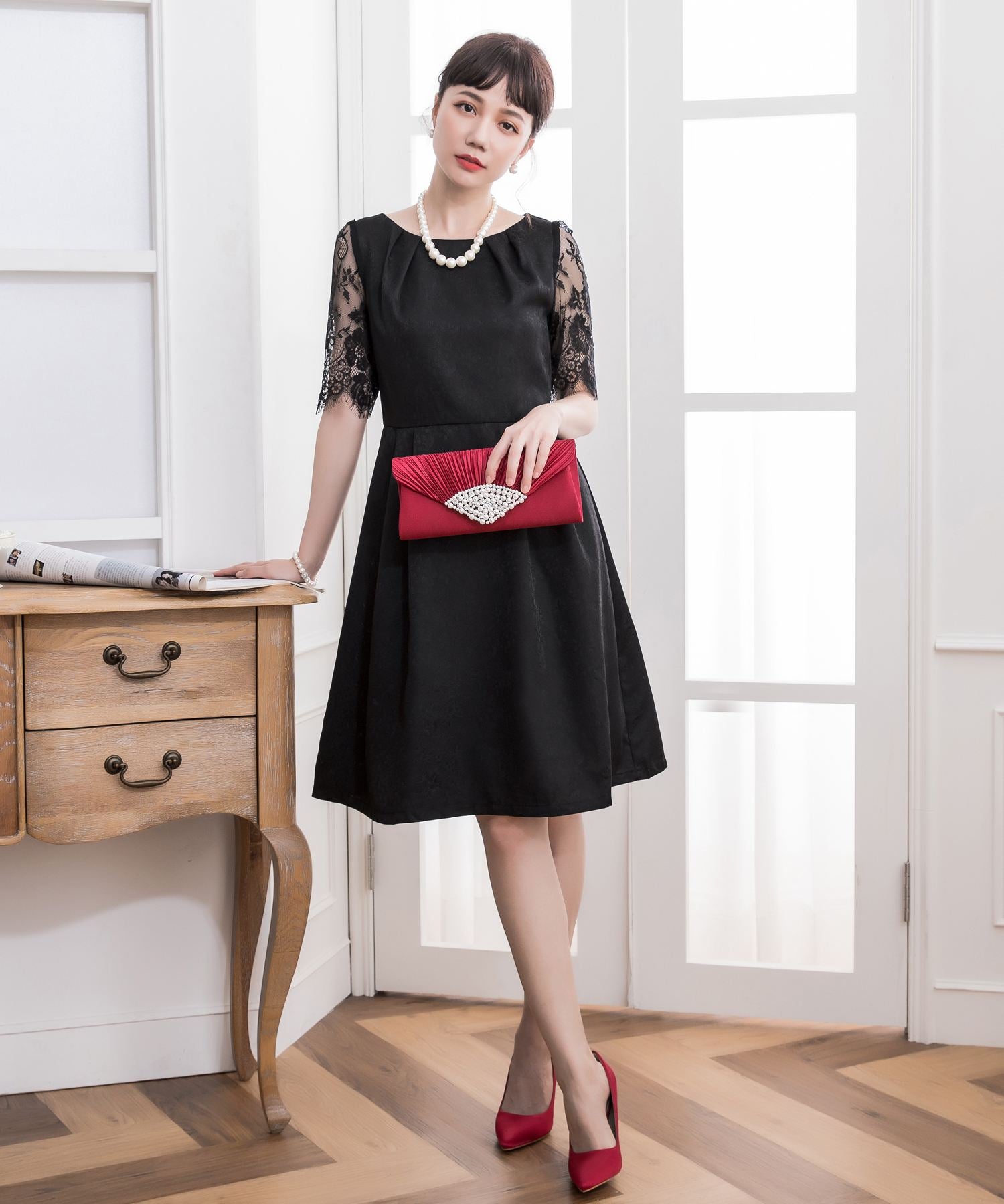 レーススリーブ&結婚式・お呼ばれ対応ワンピースドレスcy88035