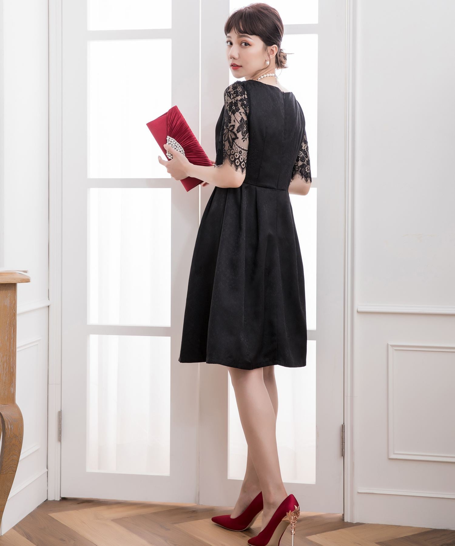 レーススリーブ&結婚式・お呼ばれ対応ワンピースドレスcy88035