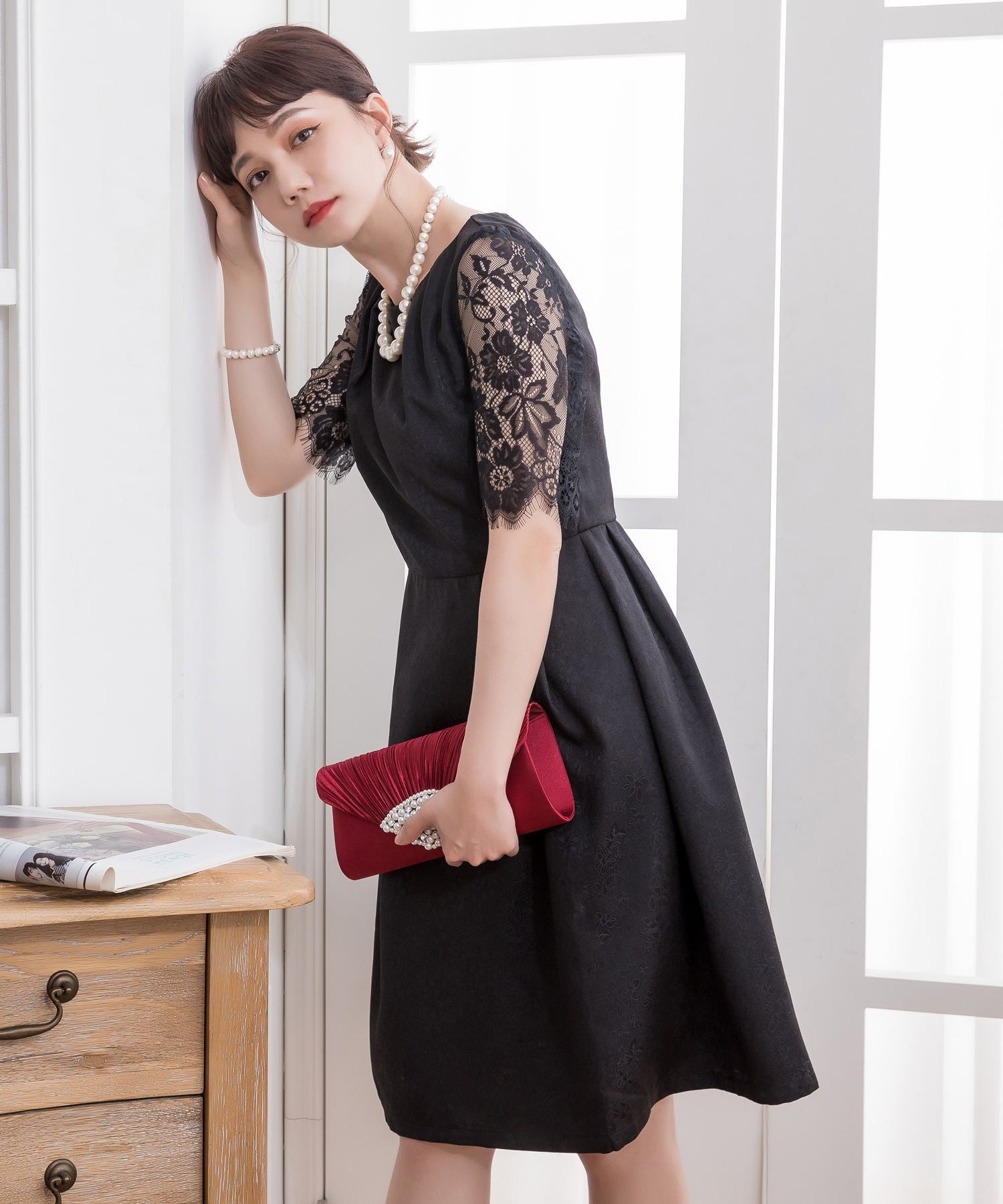 レーススリーブ&結婚式・お呼ばれ対応ワンピースドレスcy88035