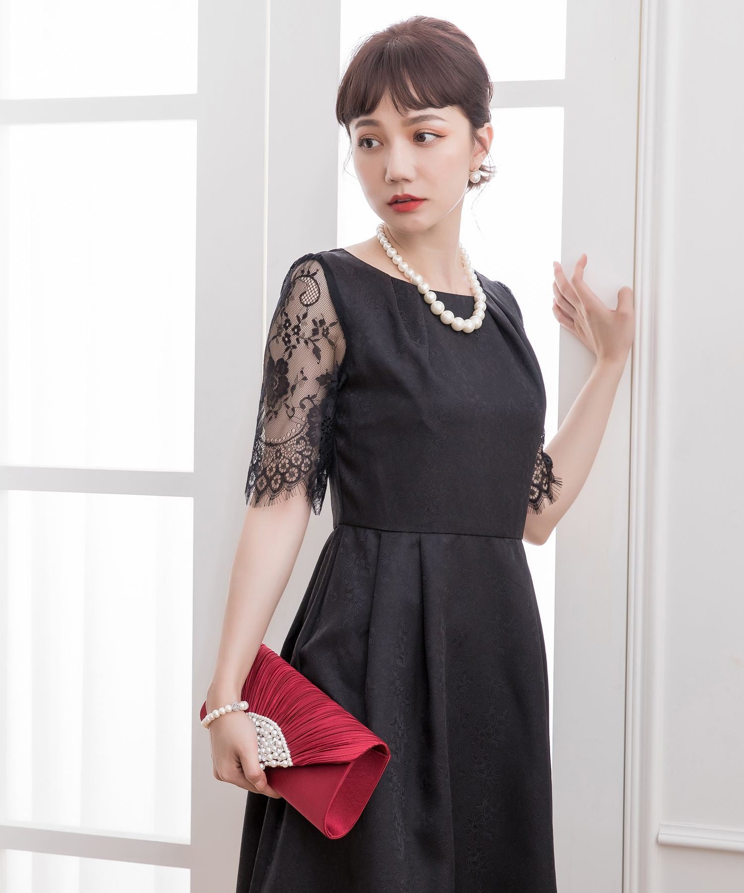 レーススリーブ&結婚式・お呼ばれ対応ワンピースドレスcy88035