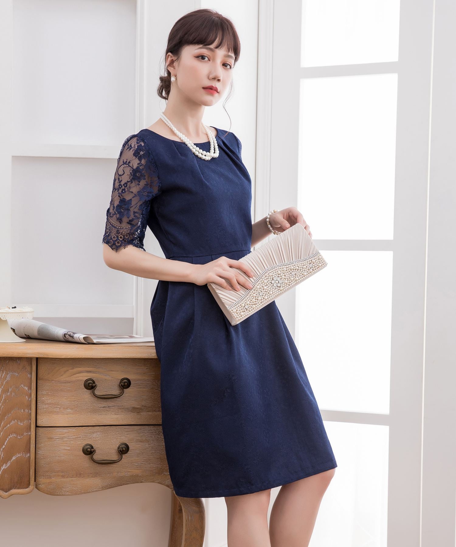 レーススリーブ&結婚式・お呼ばれ対応ワンピースドレスcy88035