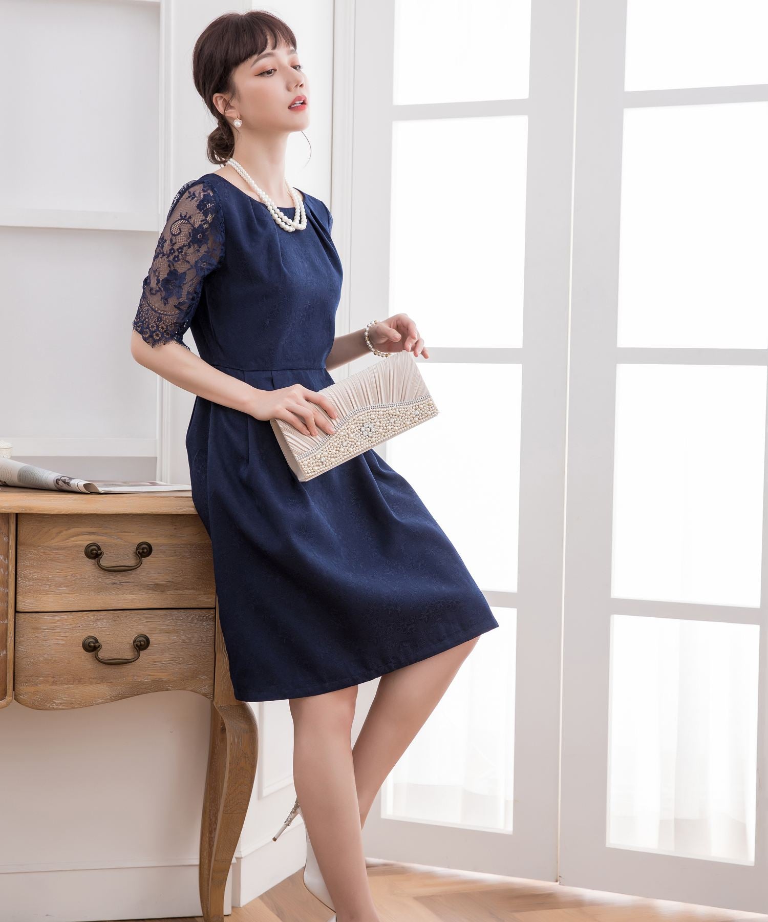 レーススリーブ&結婚式・お呼ばれ対応ワンピースドレスcy88035