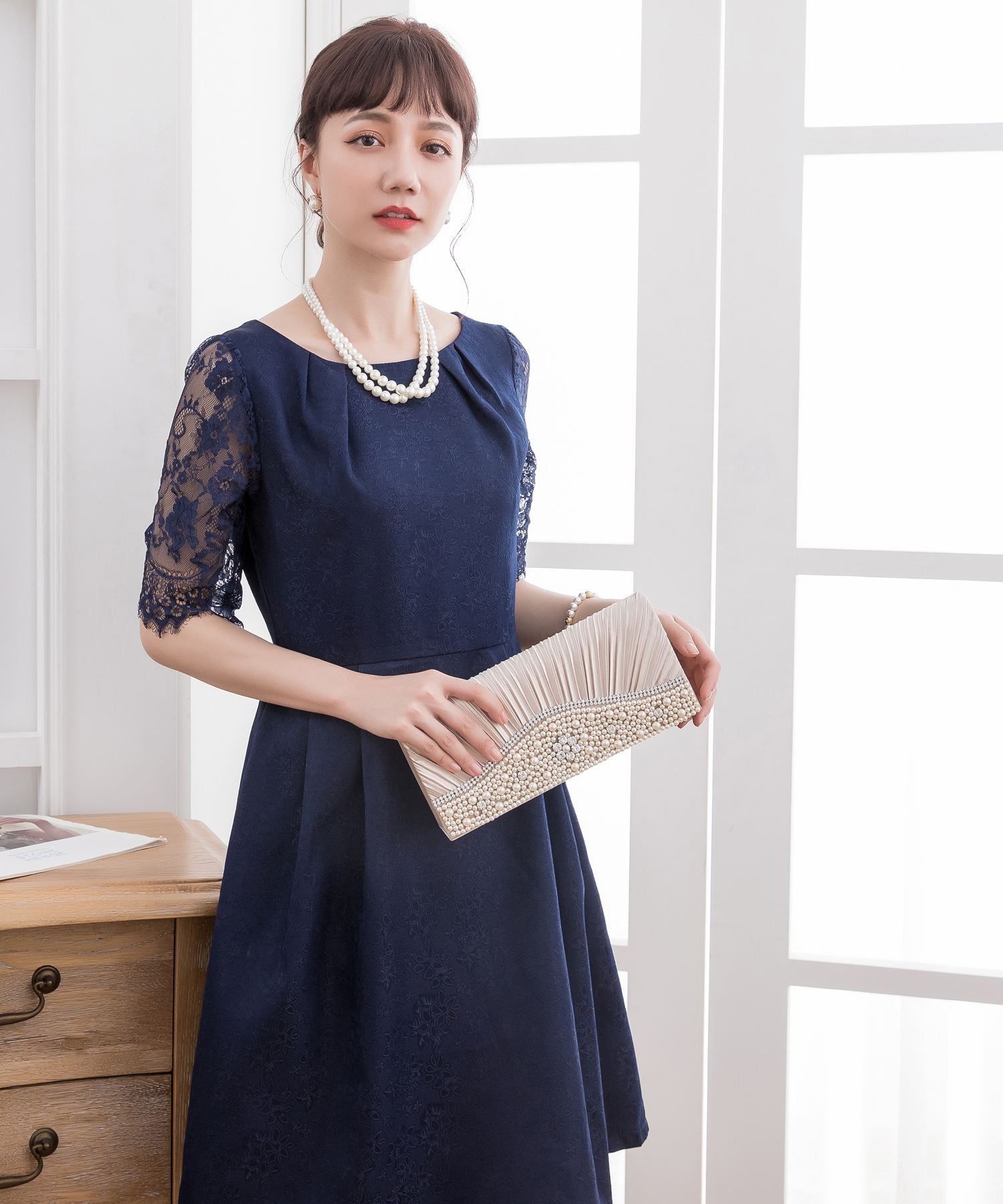 レーススリーブ&結婚式・お呼ばれ対応ワンピースドレスcy88035