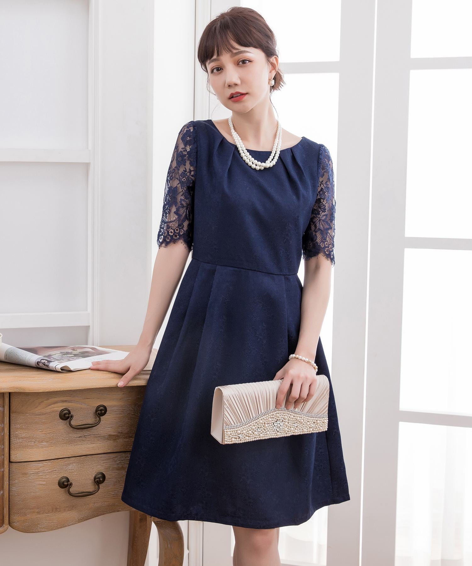 レーススリーブ&結婚式・お呼ばれ対応ワンピースドレスcy88035