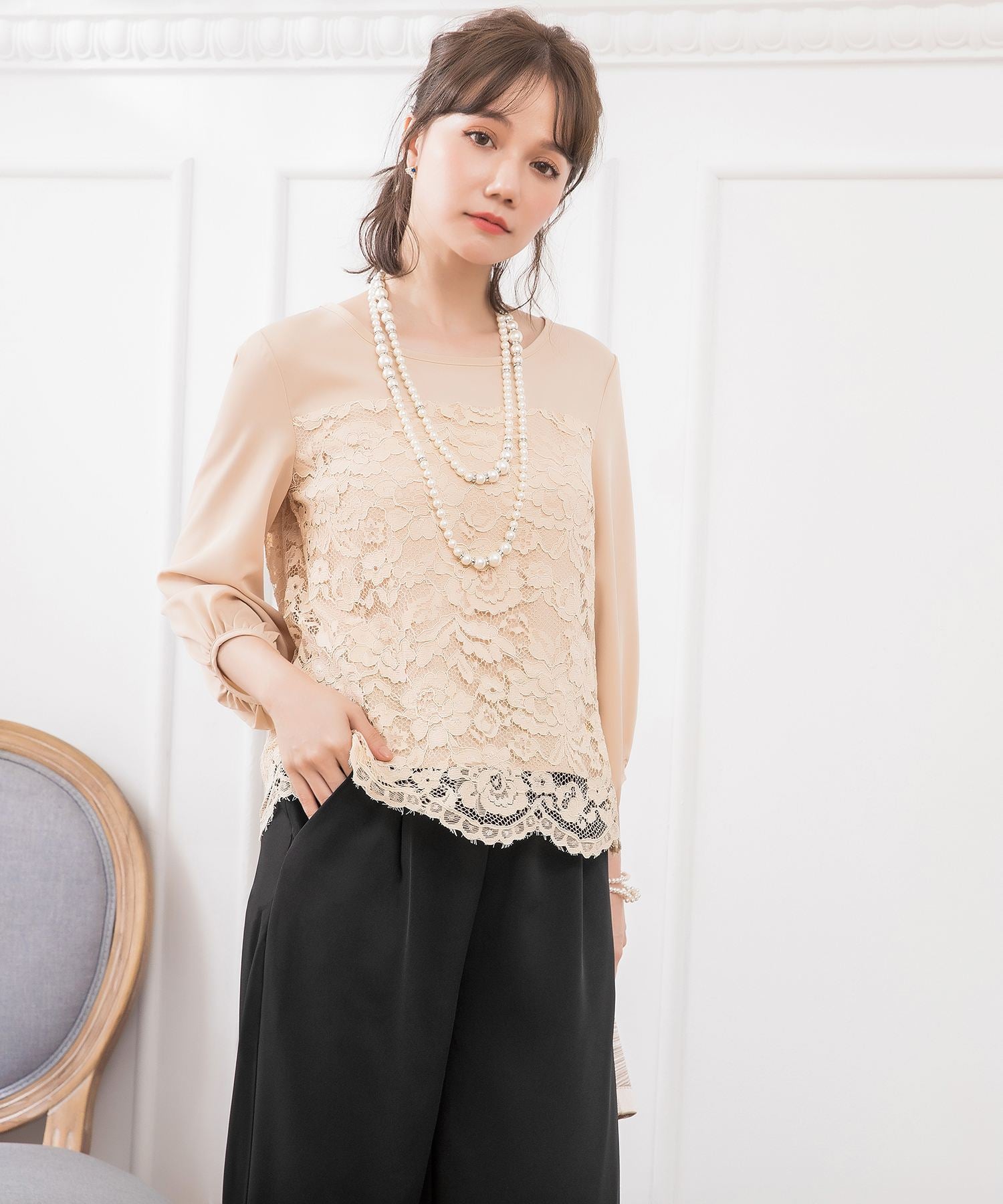 【結婚式・お呼ばれ対応パンツドレス】レース7分袖トップス&スラックスセットアップcy88131