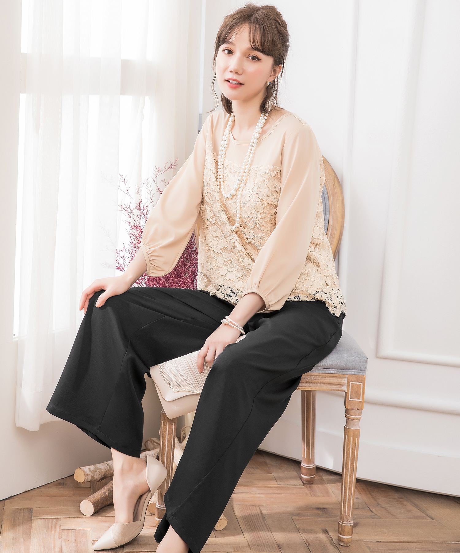 【結婚式・お呼ばれ対応パンツドレス】レース7分袖トップス&スラックスセットアップcy88131