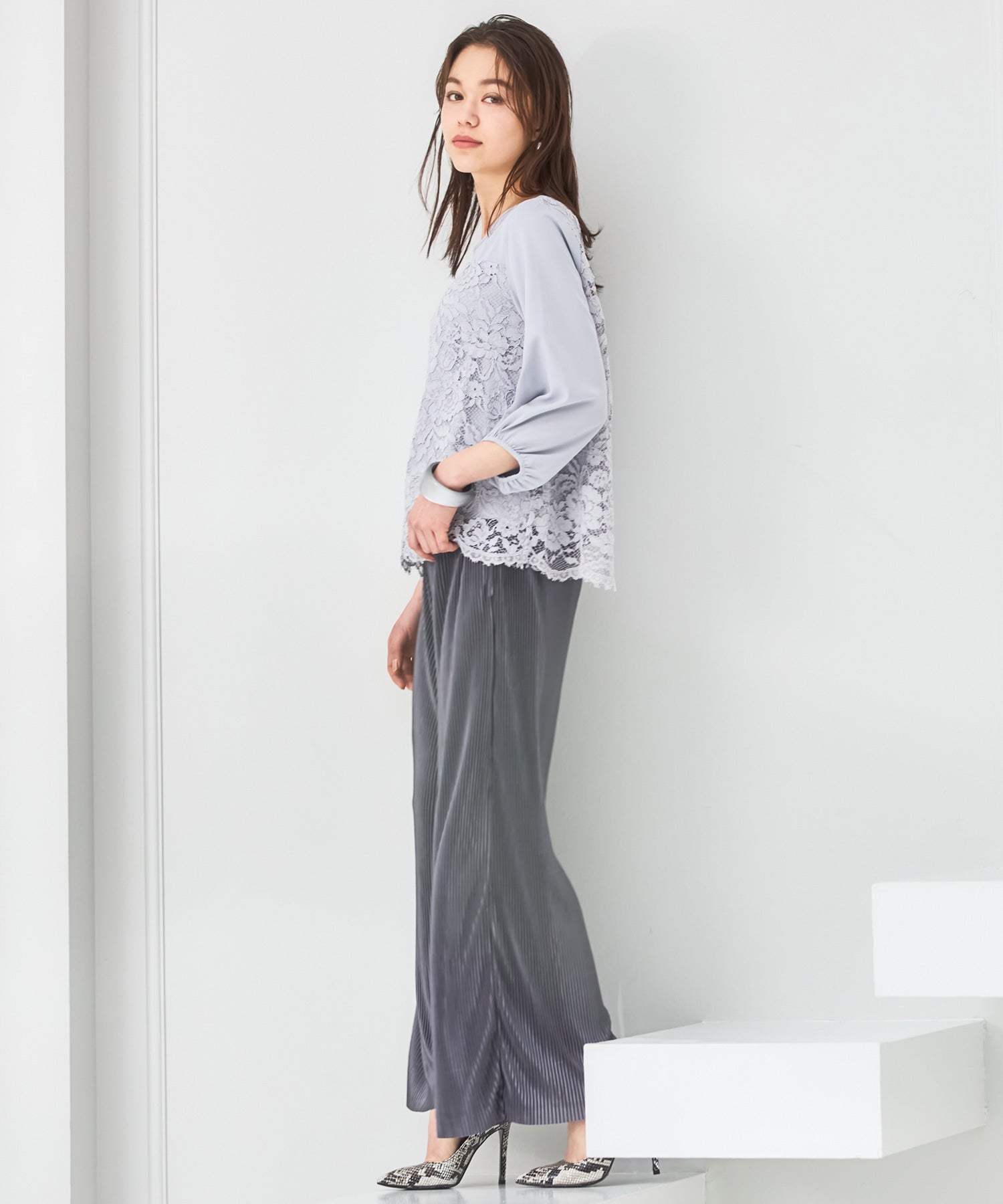 【結婚式・お呼ばれ対応パンツドレス】レース7分袖トップス&スラックスセットアップcy88131