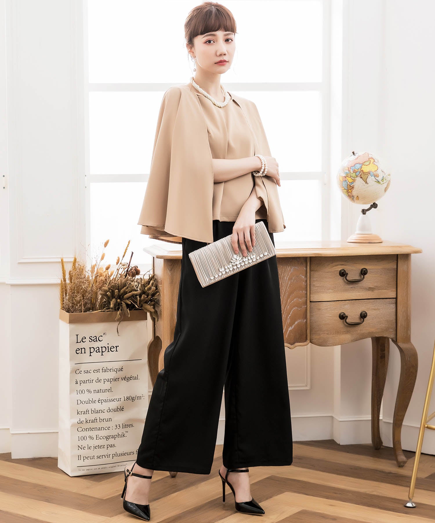 ケープ風ワイドパンツドレス 2点セット 結婚式cy88133-s-brown