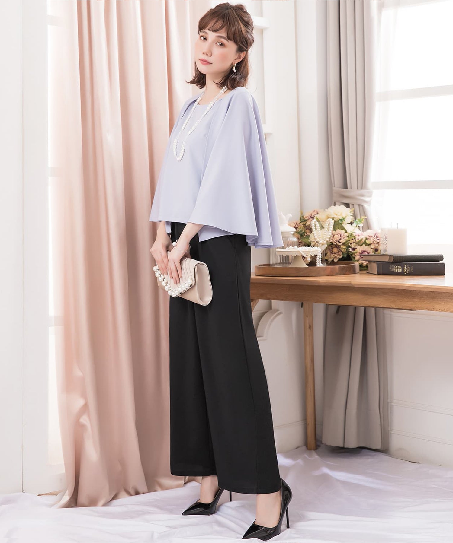 ケープ風ワイドパンツドレス 2点セット 結婚式cy88133-s-gray