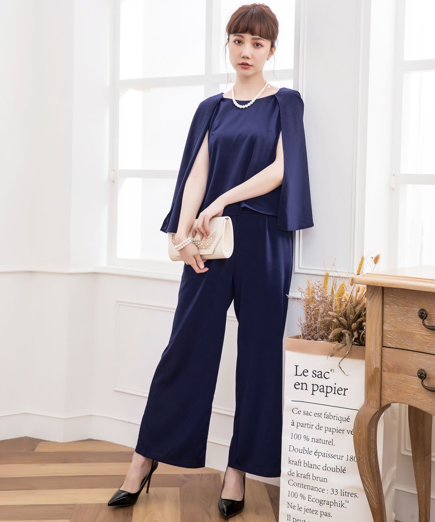 ケープ風ワイドパンツドレス 2点セット 結婚式cy88133-s-navy