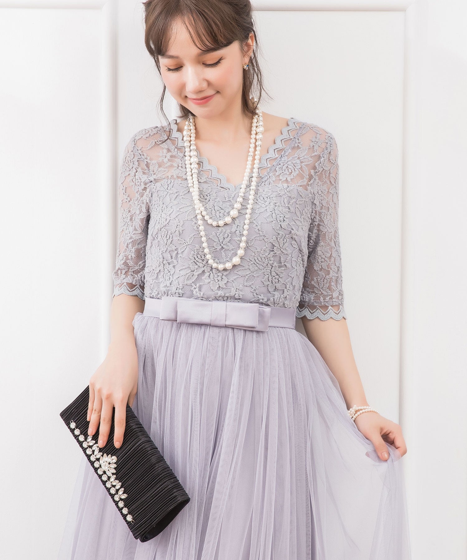 レース×チュールマキシ丈ワンピースcy88136