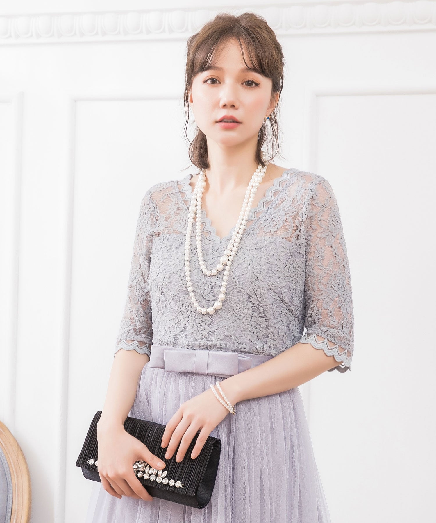 レース×チュールマキシ丈ワンピースcy88136