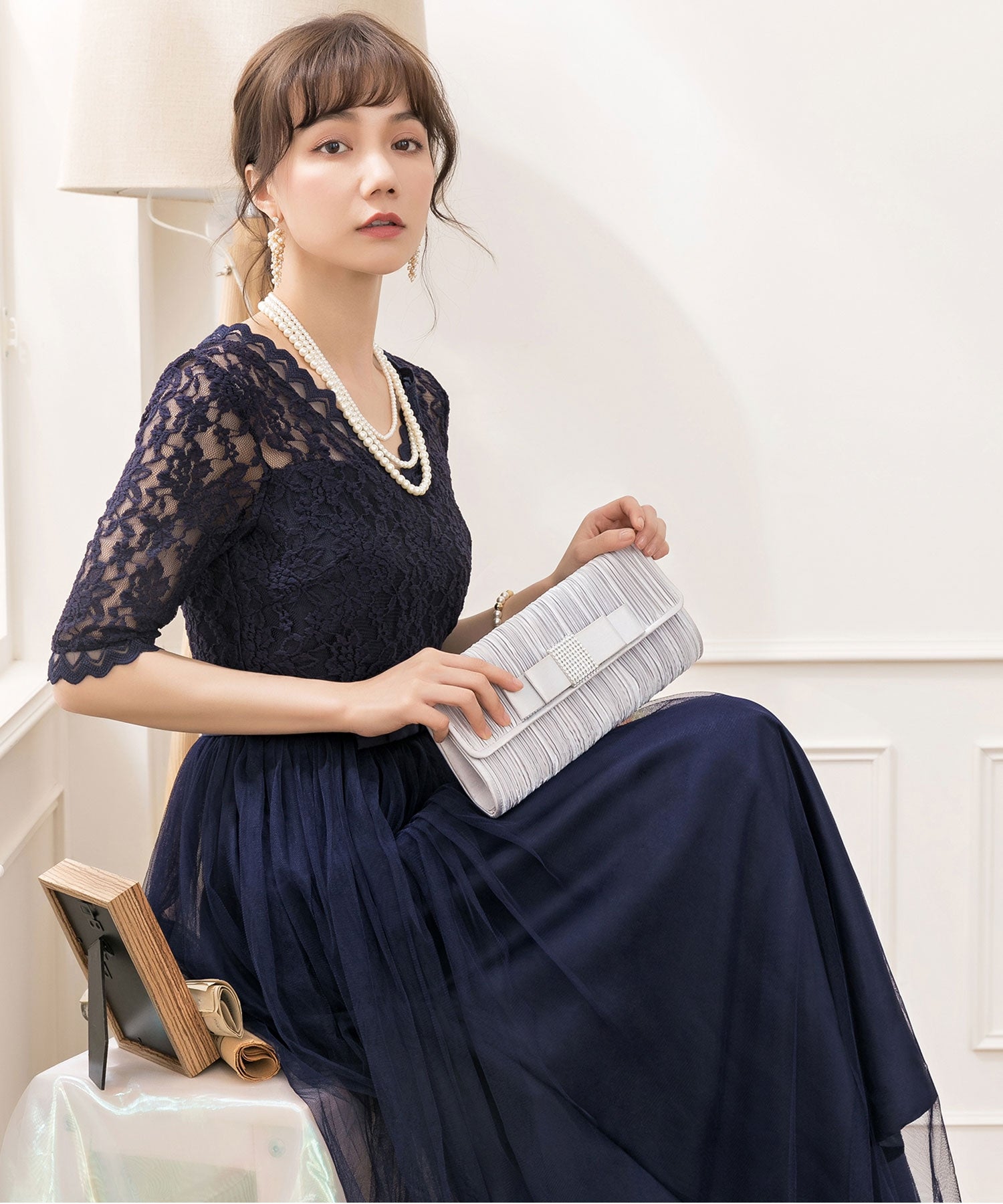 レース×チュールマキシ丈ワンピースcy88136