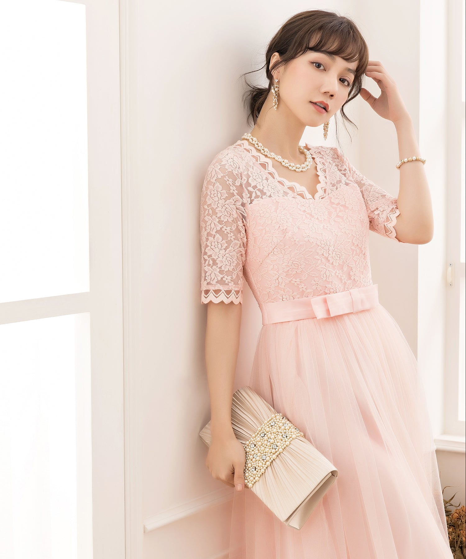 レース×チュールマキシ丈ワンピースcy88136