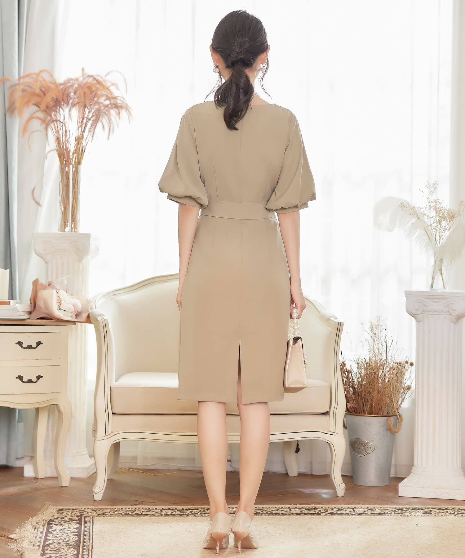 ふんわりバルーンスリーブ&ウエストリボン付きワンピースcy88163