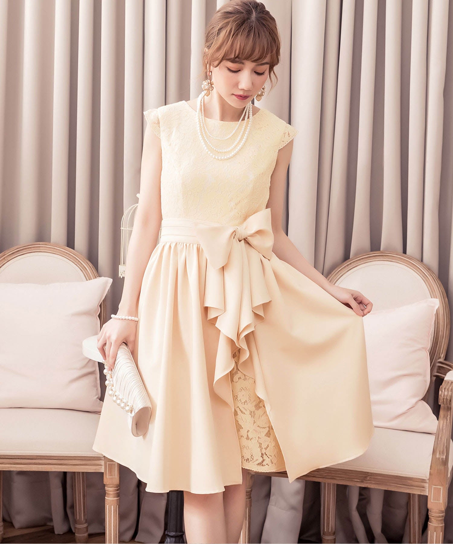 バックリボン&総レースワンピース&スカートの結婚式ワンピース・お呼ばれパーティードレスcy88179