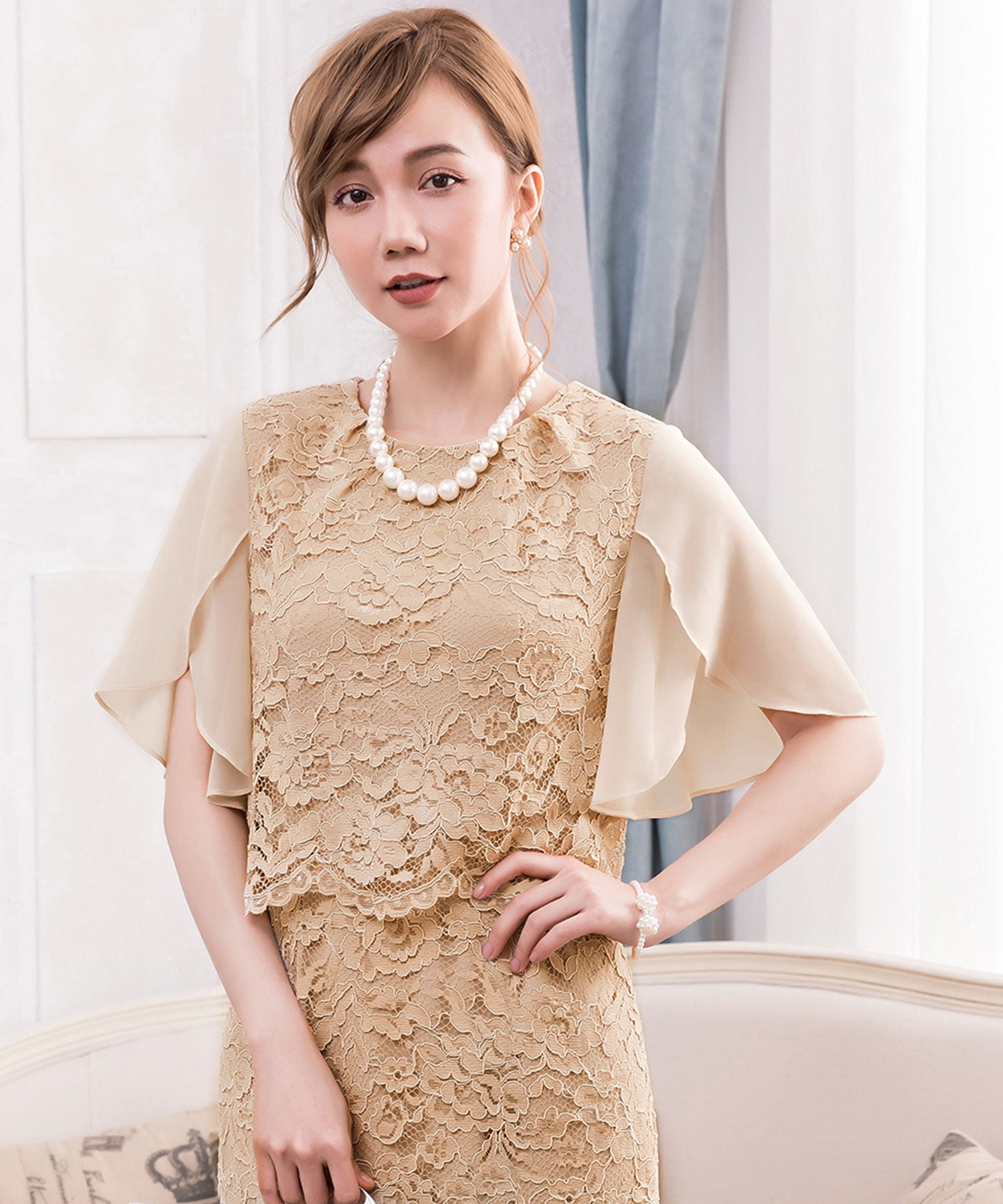 結婚式・お呼ばれ対応セットアップ風デザインフリルスリーブレースパーティドレスcy88190