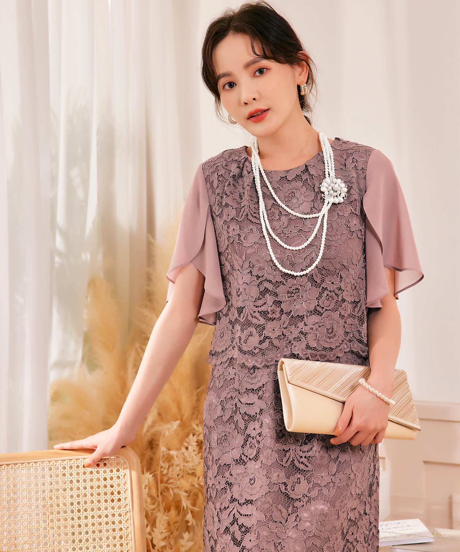 結婚式・お呼ばれ対応セットアップ風デザインフリルスリーブレースパーティドレスcy88190