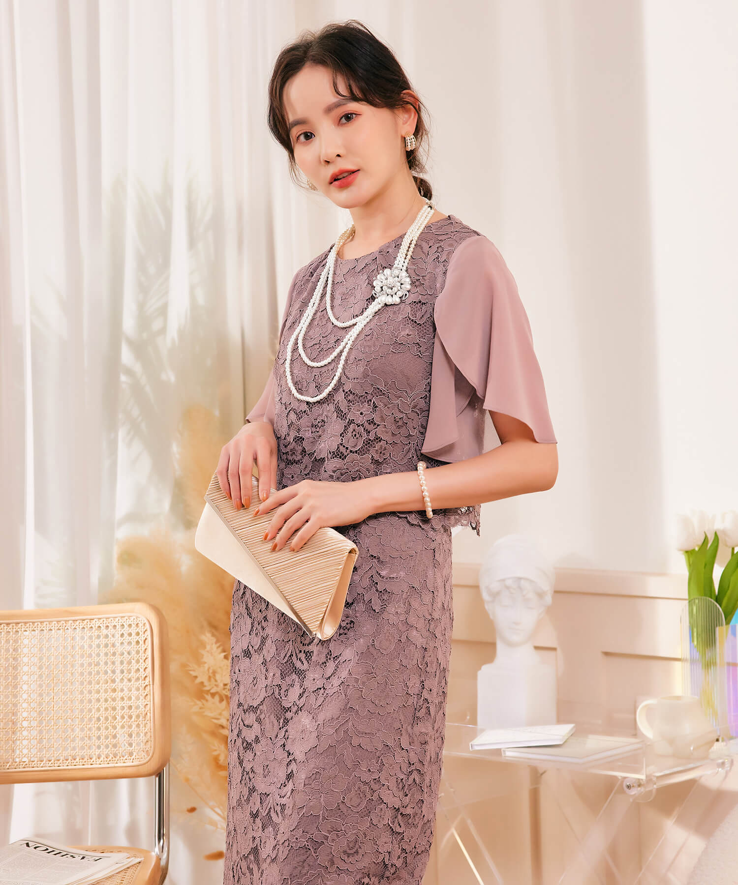 結婚式・お呼ばれ対応セットアップ風デザインフリルスリーブレースパーティドレスcy88190