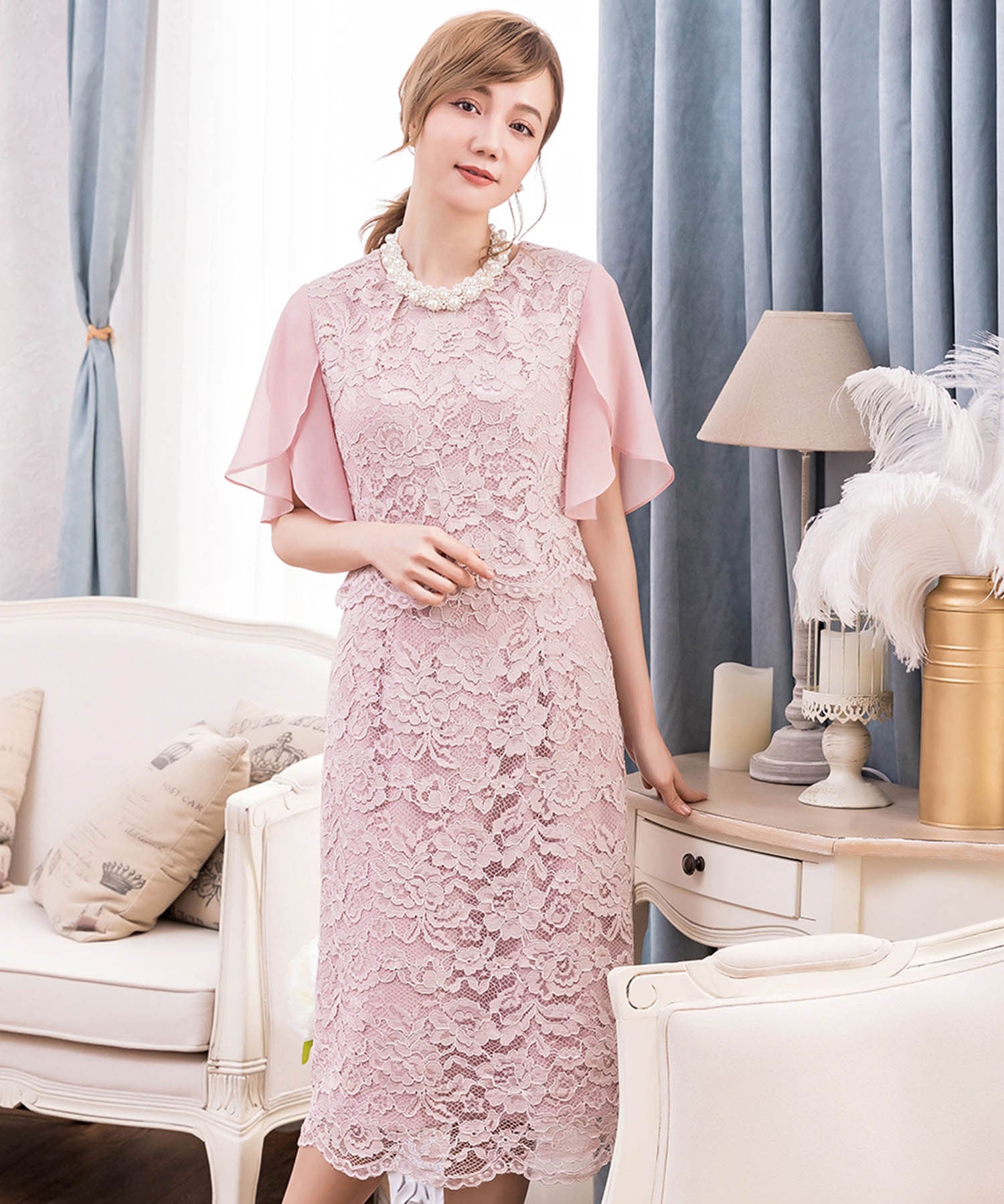 結婚式・お呼ばれ対応セットアップ風デザインフリルスリーブレースパーティドレスcy88190