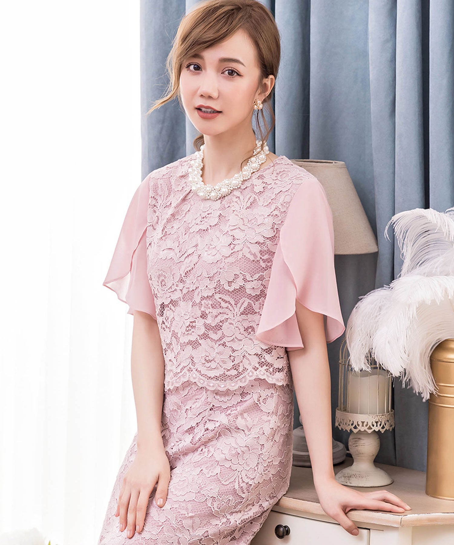 結婚式・お呼ばれ対応セットアップ風デザインフリルスリーブレースパーティドレスcy88190