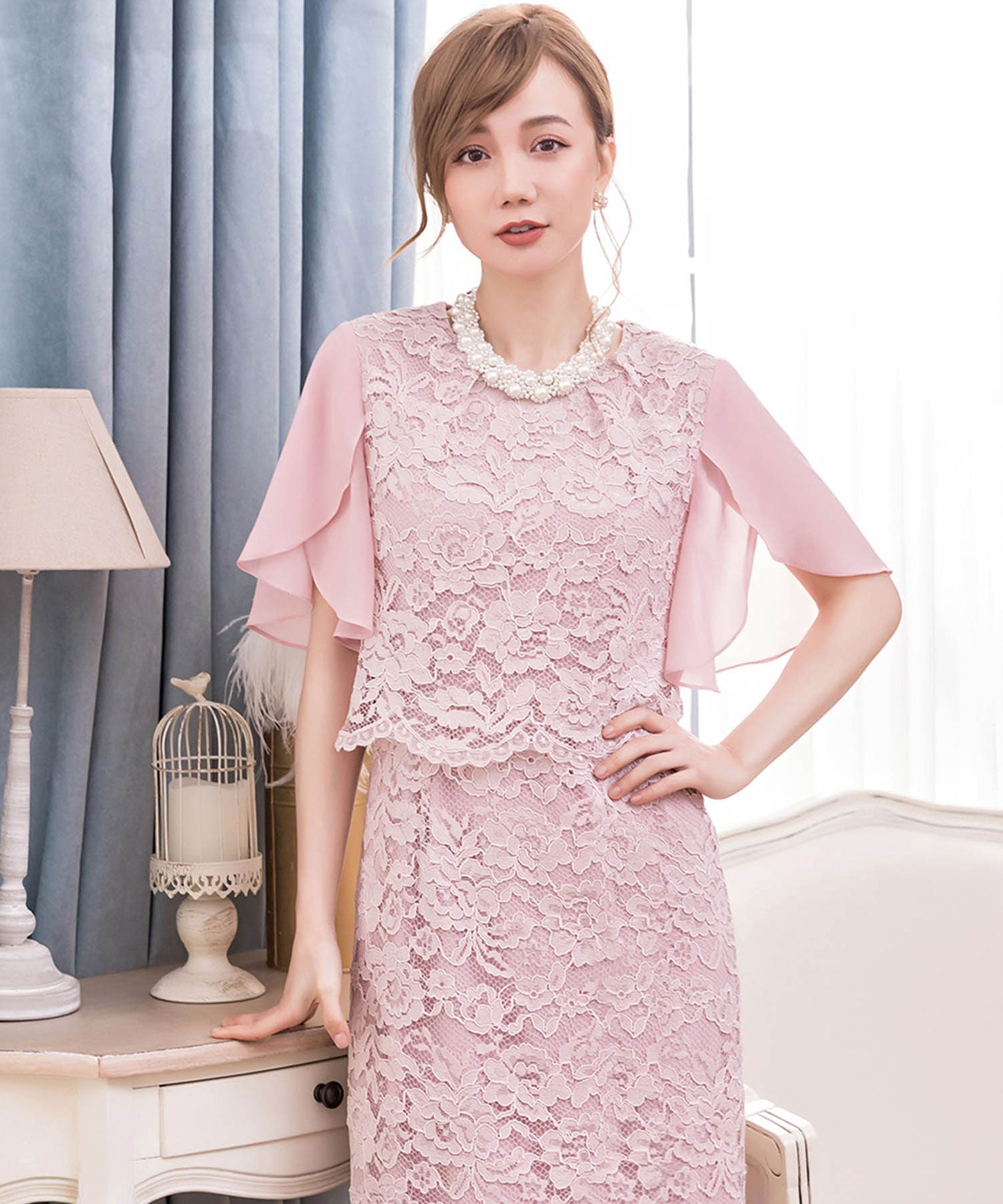 結婚式・お呼ばれ対応セットアップ風デザインフリルスリーブレースパーティドレスcy88190