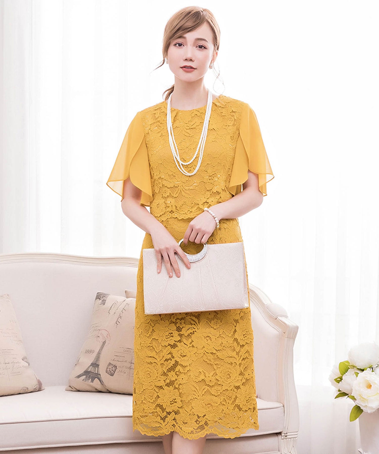 結婚式・お呼ばれ対応セットアップ風デザインフリルスリーブレースパーティドレスcy88190-s-yellow