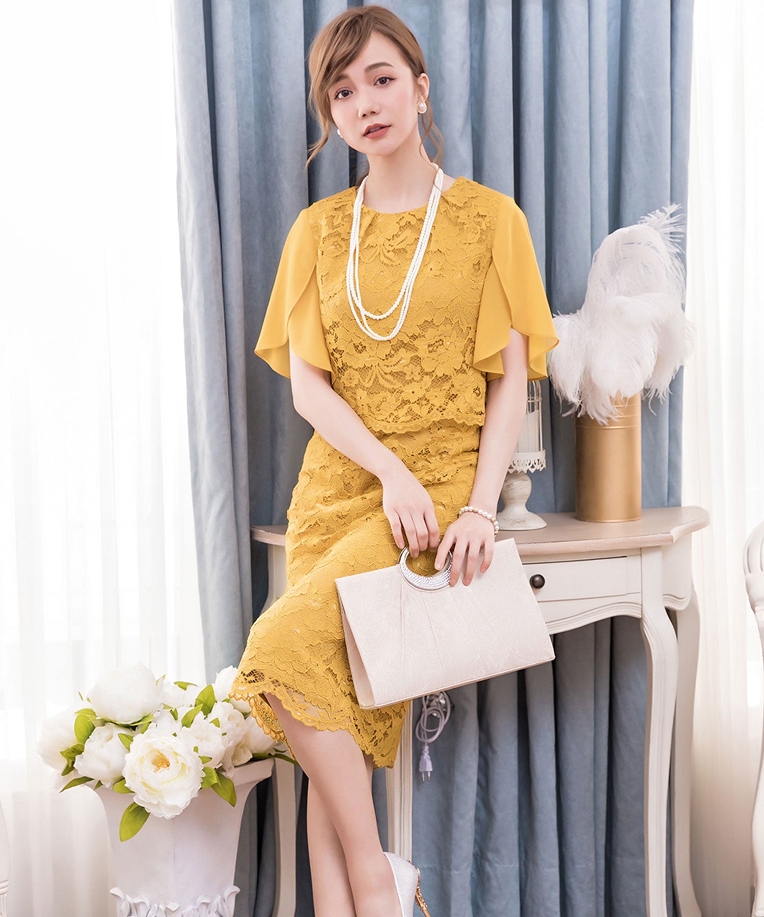 結婚式・お呼ばれ対応セットアップ風デザインフリルスリーブレースパーティドレスcy88190