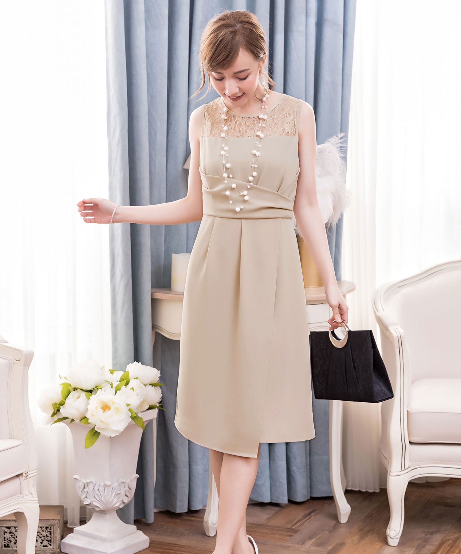 クロス切替レースドレス・結婚式ワンピース・お呼ばれパーティードレスcy88192