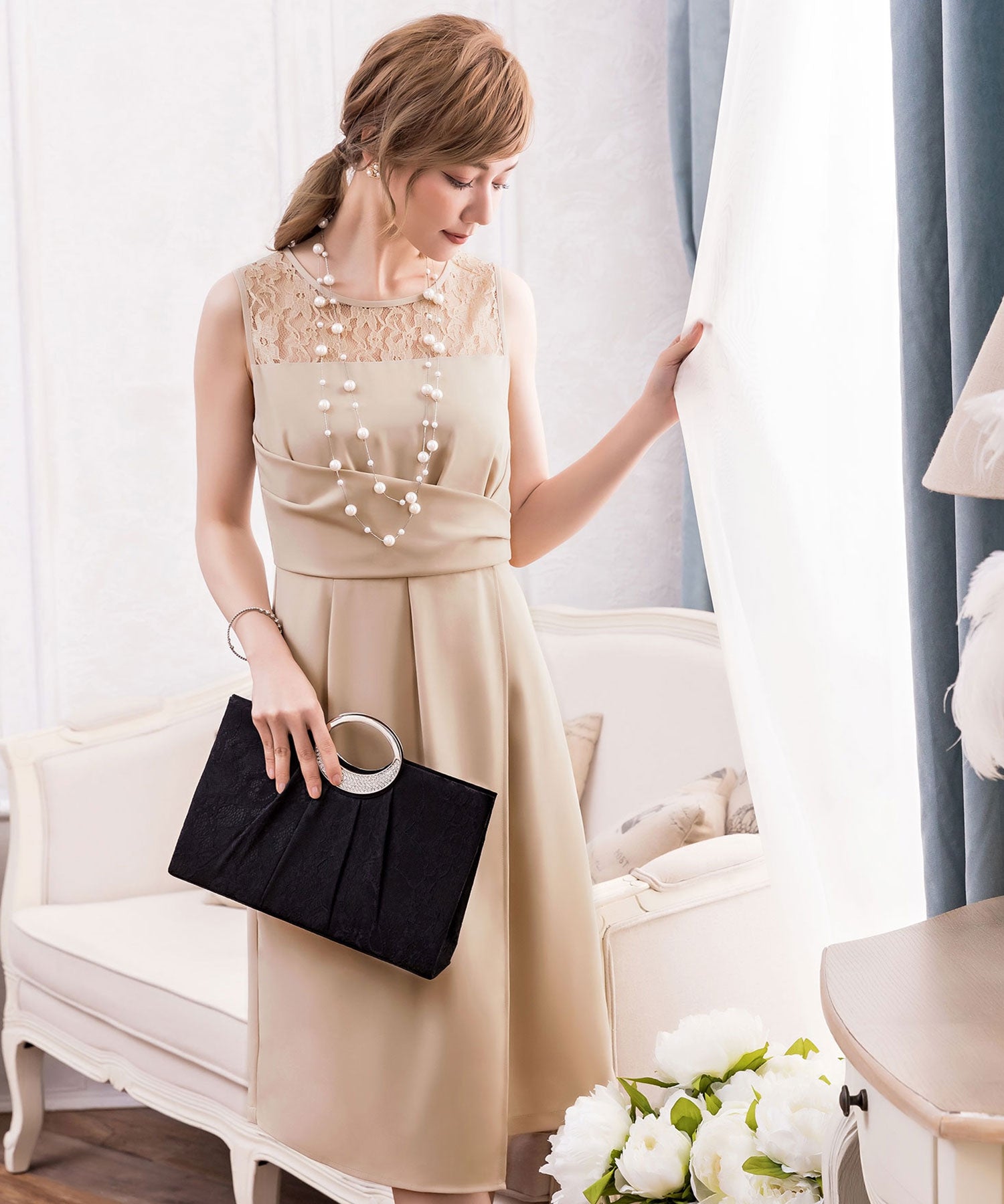 クロス切替レースドレス・結婚式ワンピース・お呼ばれパーティードレスcy88192