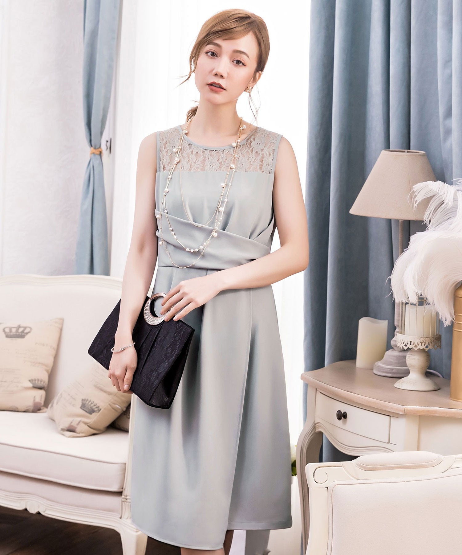 クロス切替レースドレス・結婚式ワンピース・お呼ばれパーティードレスcy88192