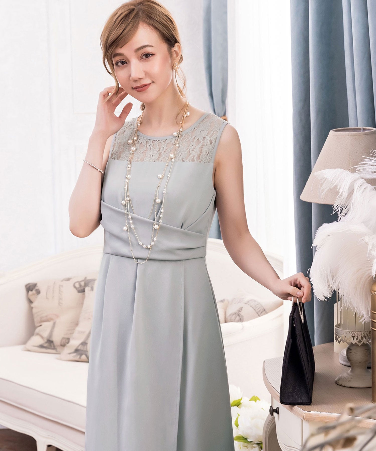 クロス切替レースドレス・結婚式ワンピース・お呼ばれパーティードレスcy88192