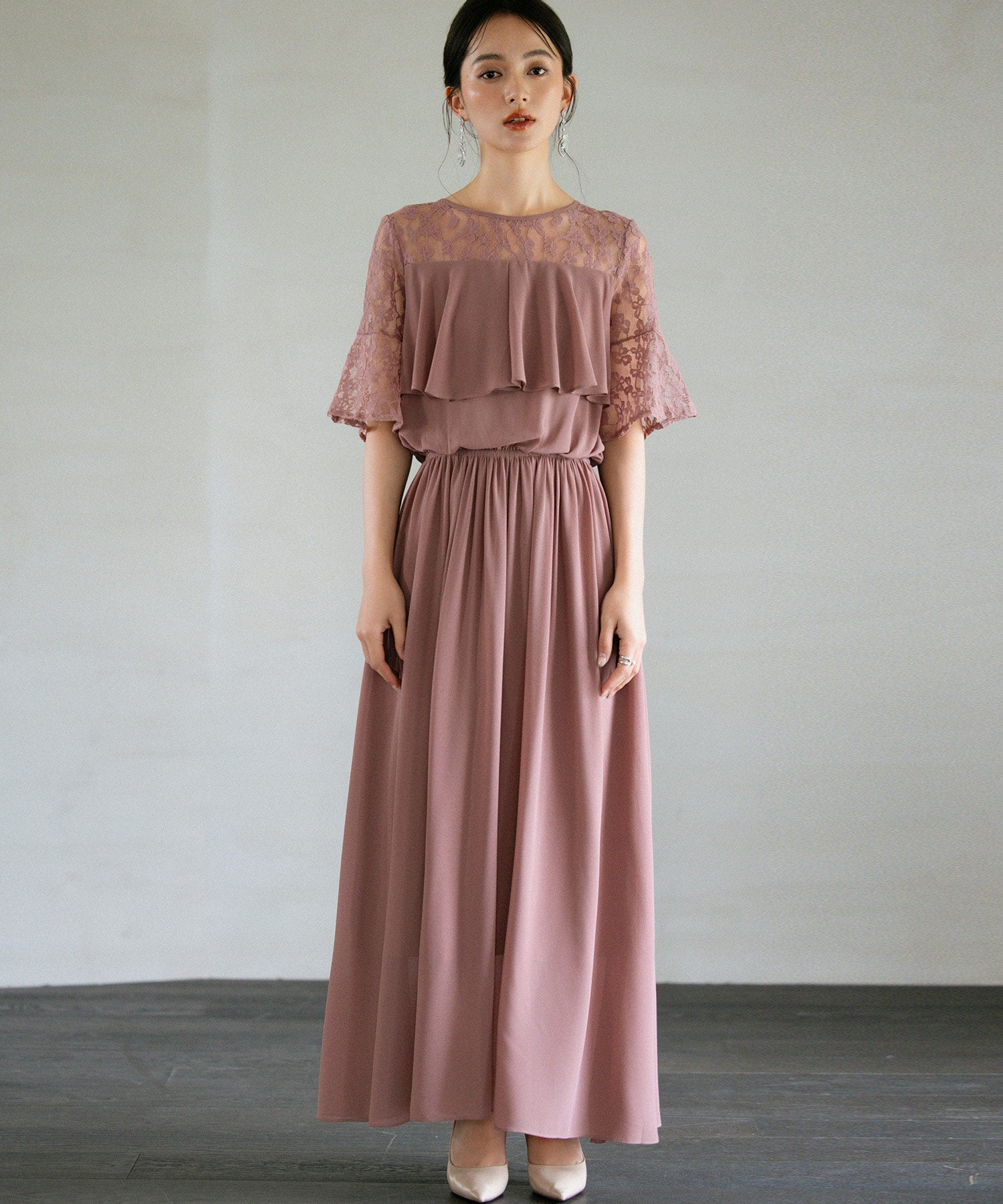 胸元フリルのレースドレス・結婚式ワンピース・お呼ばれパーティードレスcy88202