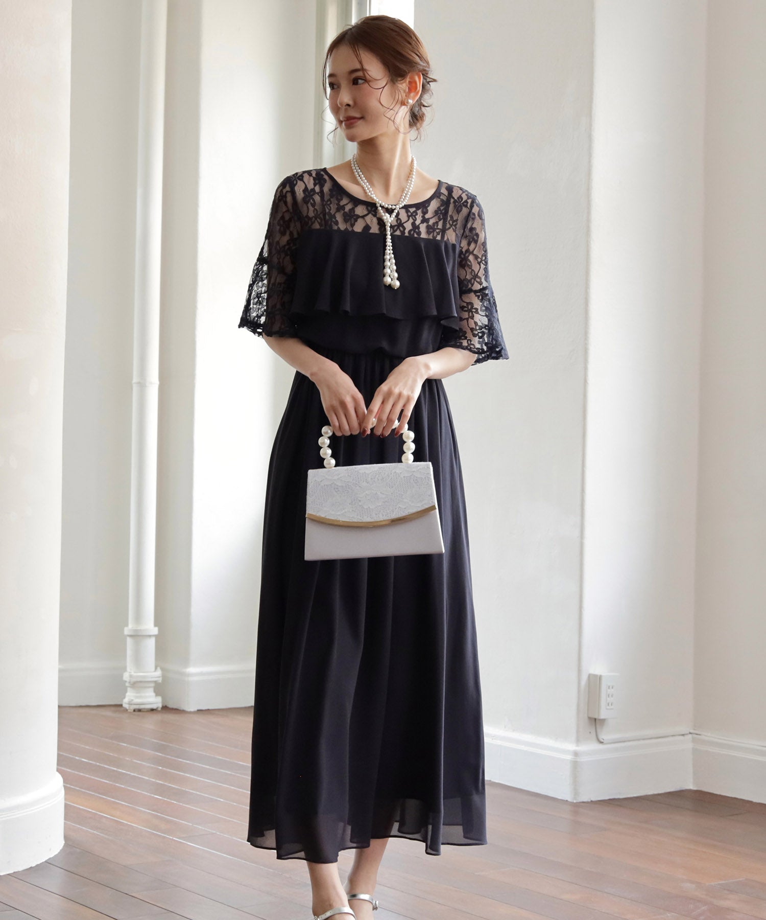 胸元フリルのレースドレス・結婚式ワンピース・お呼ばれパーティードレスcy88202