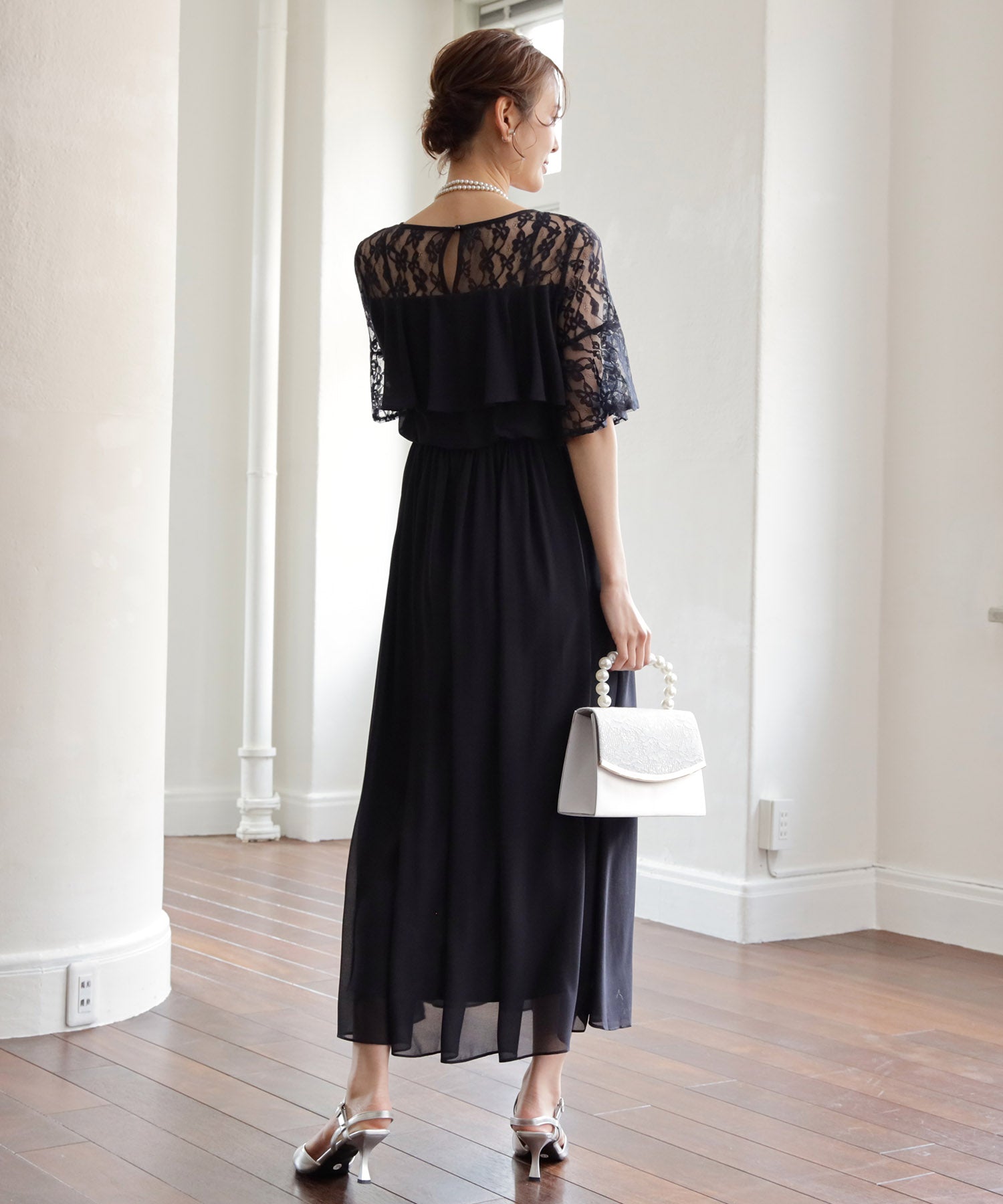 胸元フリルのレースドレス・結婚式ワンピース・お呼ばれパーティードレスcy88202