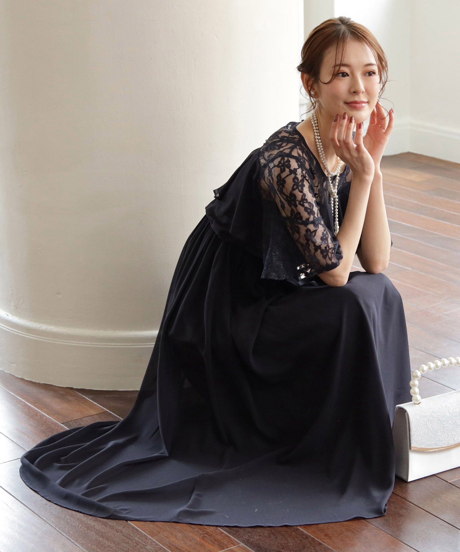 胸元フリルのレースドレス・結婚式ワンピース・お呼ばれパーティードレスcy88202