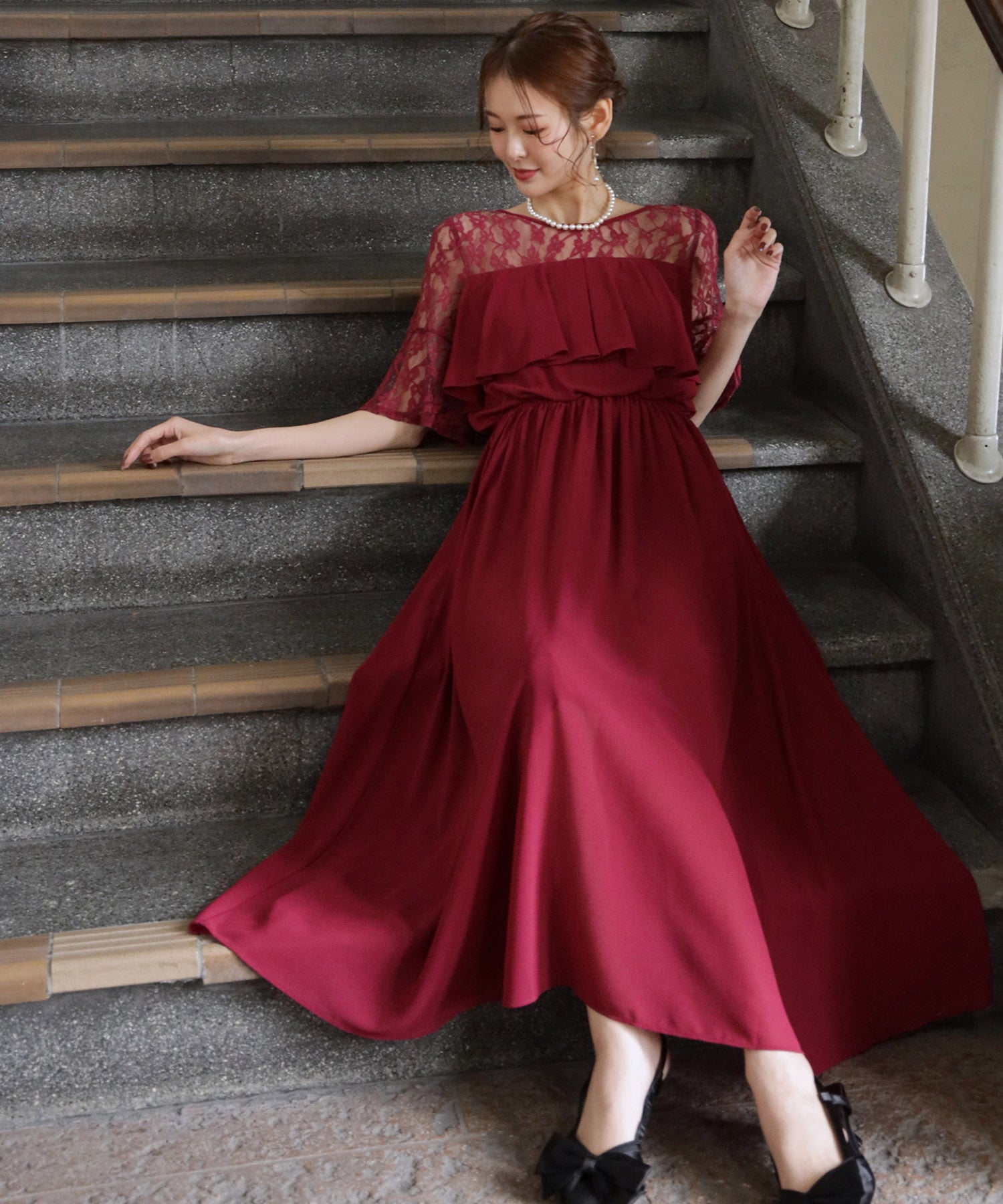 胸元フリルのレースドレス・結婚式ワンピース・お呼ばれパーティードレスcy88202