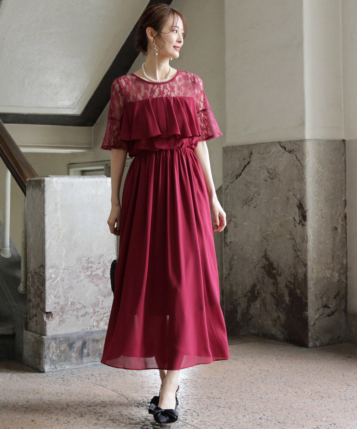 胸元フリルのレースドレス・結婚式ワンピース・お呼ばれパーティードレスcy88202