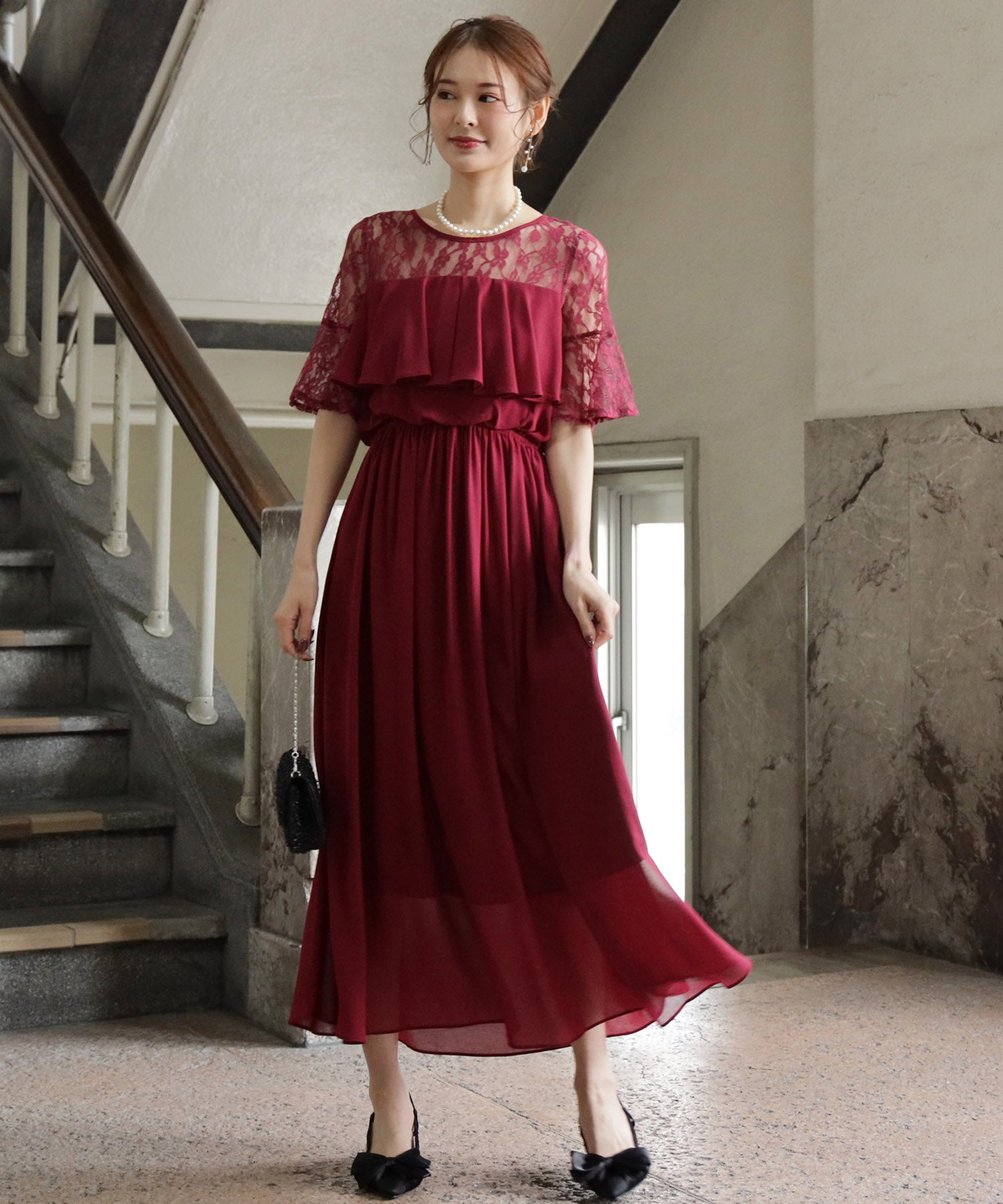胸元フリルのレースドレス・結婚式ワンピース・お呼ばれパーティードレスcy88202