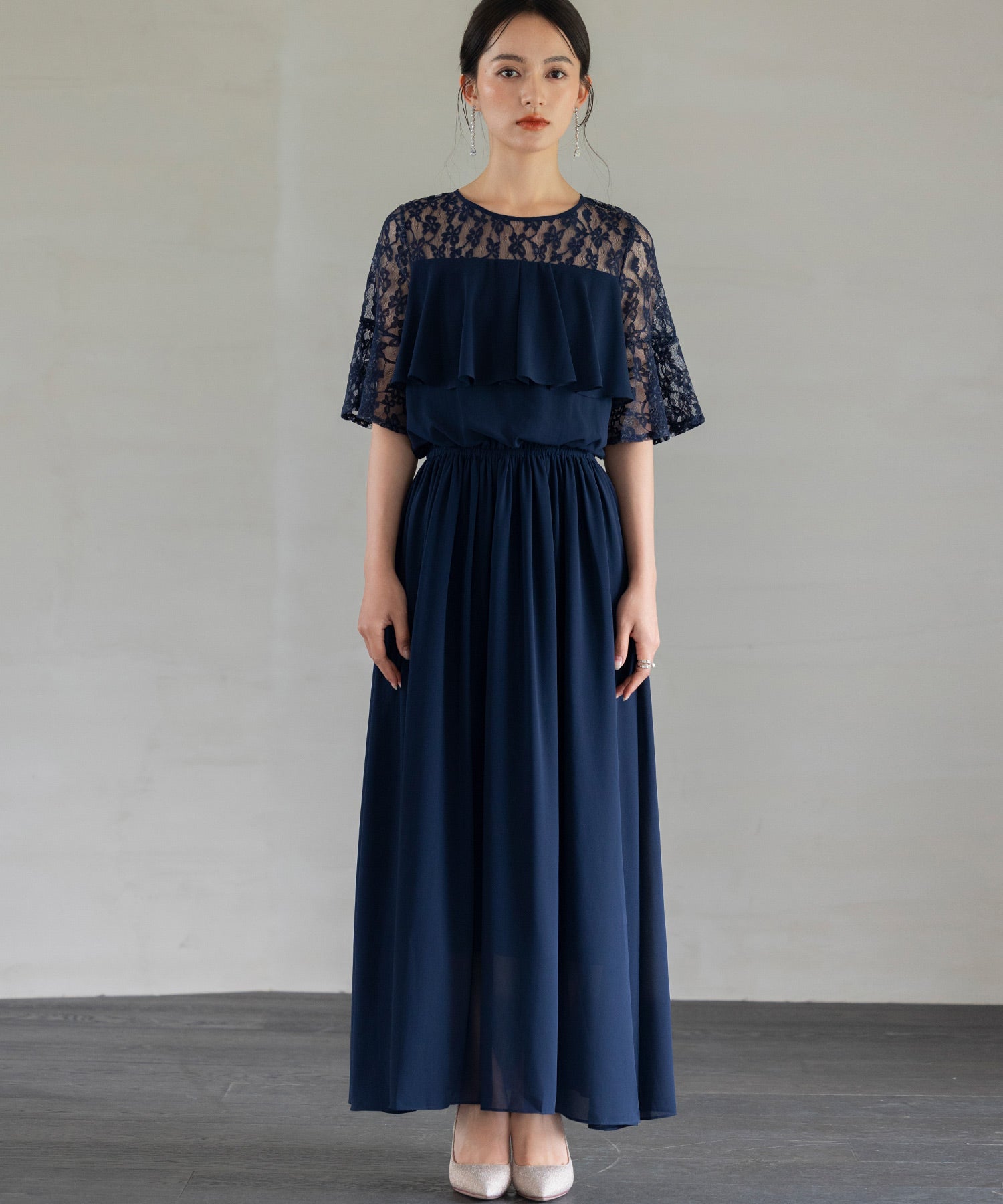 胸元フリルのレースドレス・結婚式ワンピース・お呼ばれパーティードレスcy88202
