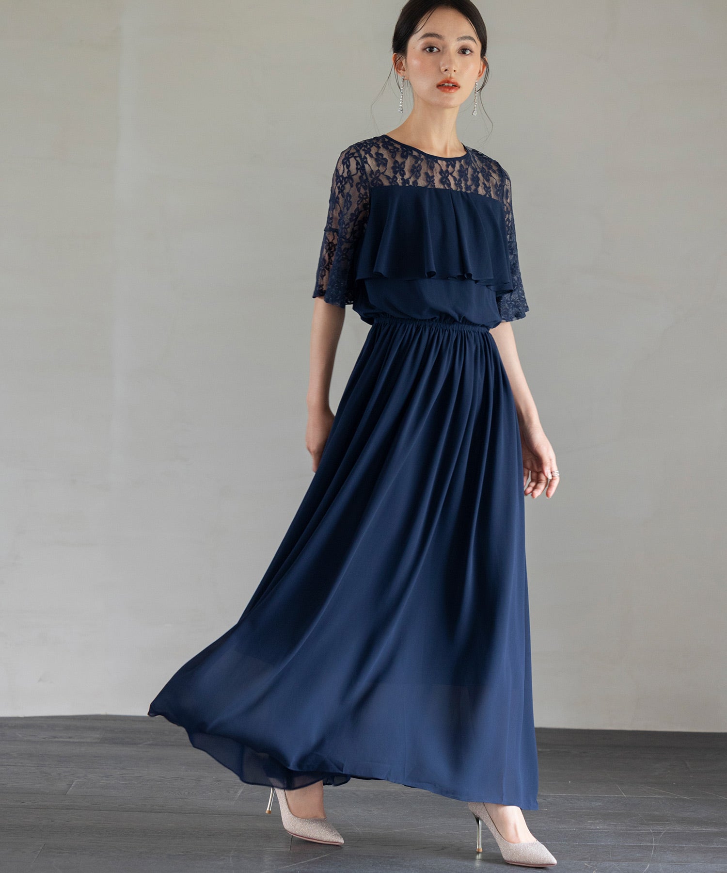 胸元フリルのレースドレス・結婚式ワンピース・お呼ばれパーティードレスcy88202
