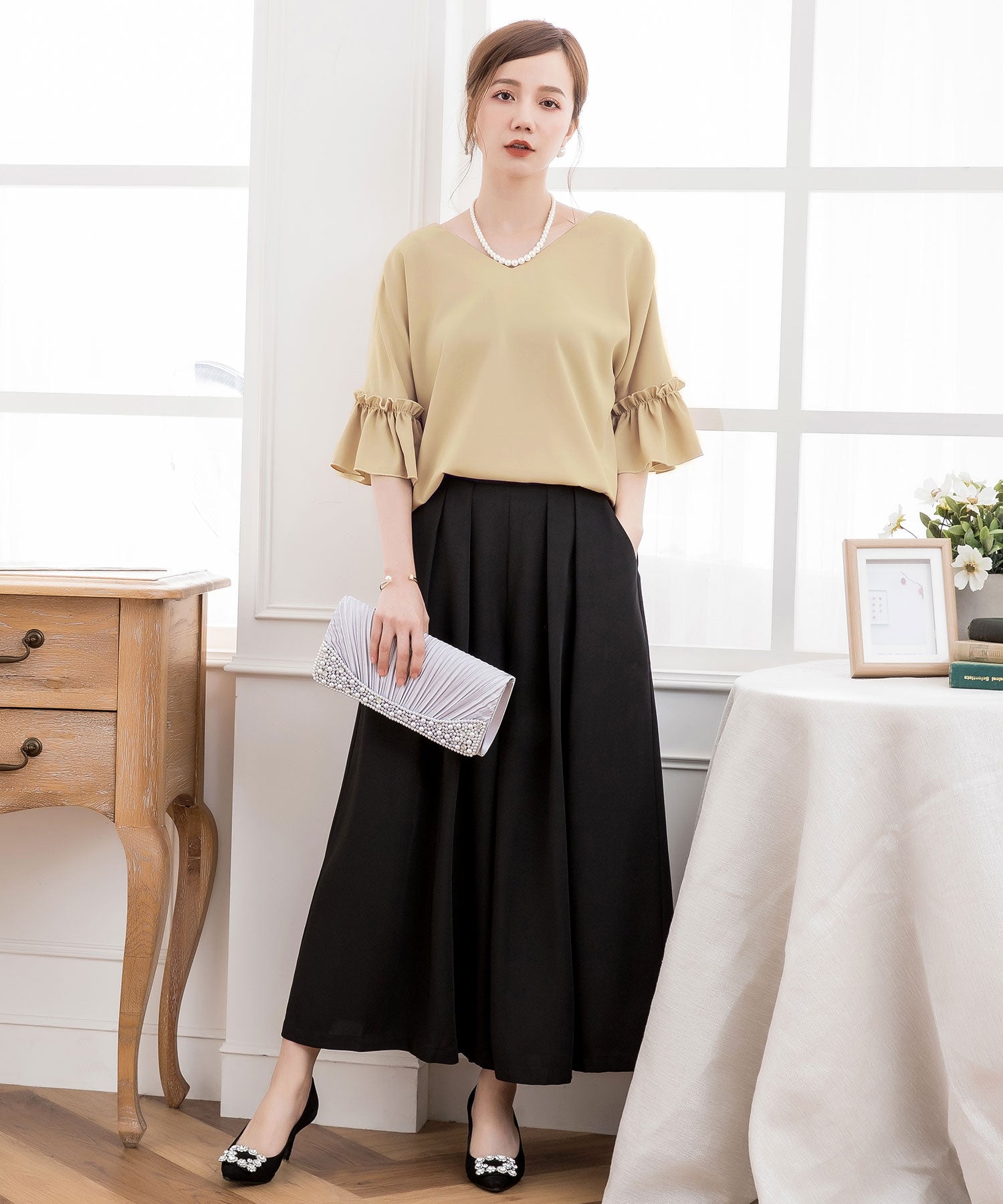 2WAY仕様ブラウス&ワイドパンツセットアップドレス・結婚式ワンピースcy88209