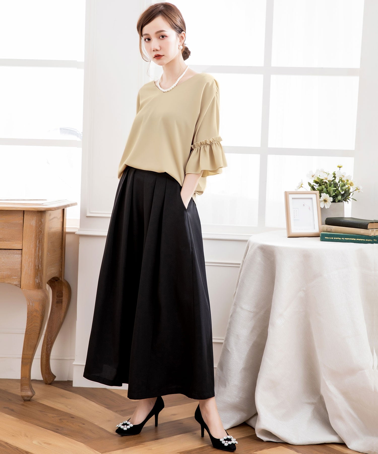 2WAY仕様ブラウス&ワイドパンツセットアップドレス・結婚式ワンピースcy88209