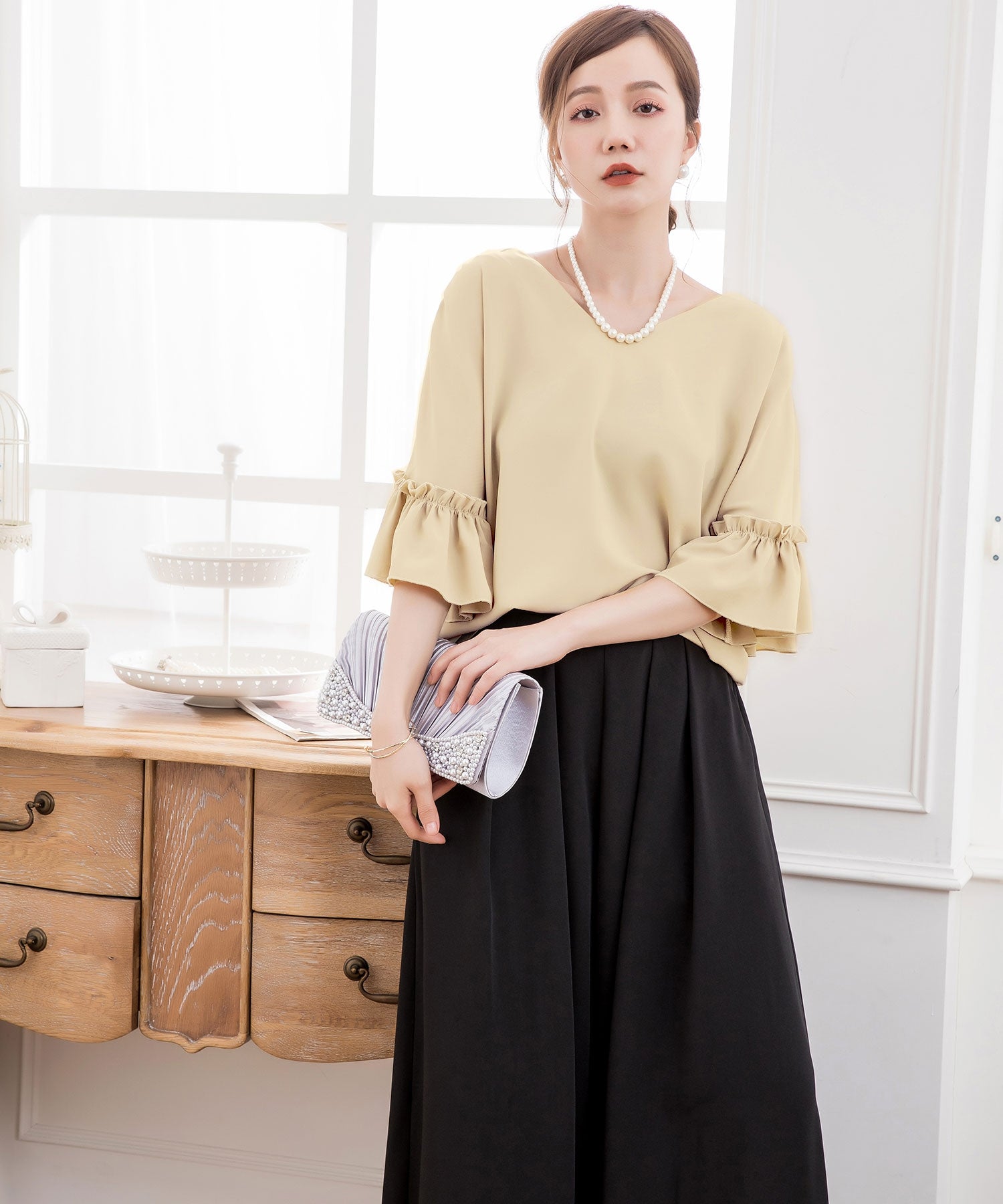 2WAY仕様ブラウス&ワイドパンツセットアップドレス・結婚式ワンピースcy88209