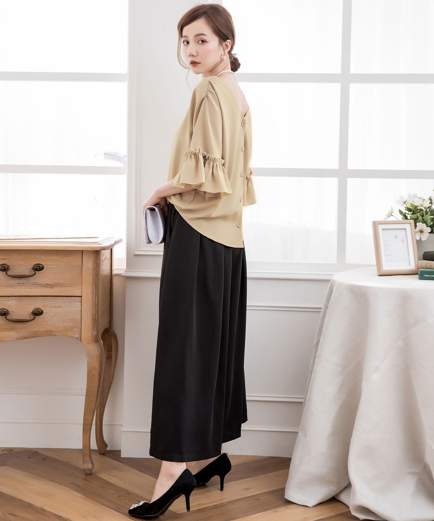 2WAY仕様ブラウス&ワイドパンツセットアップドレス・結婚式ワンピースcy88209