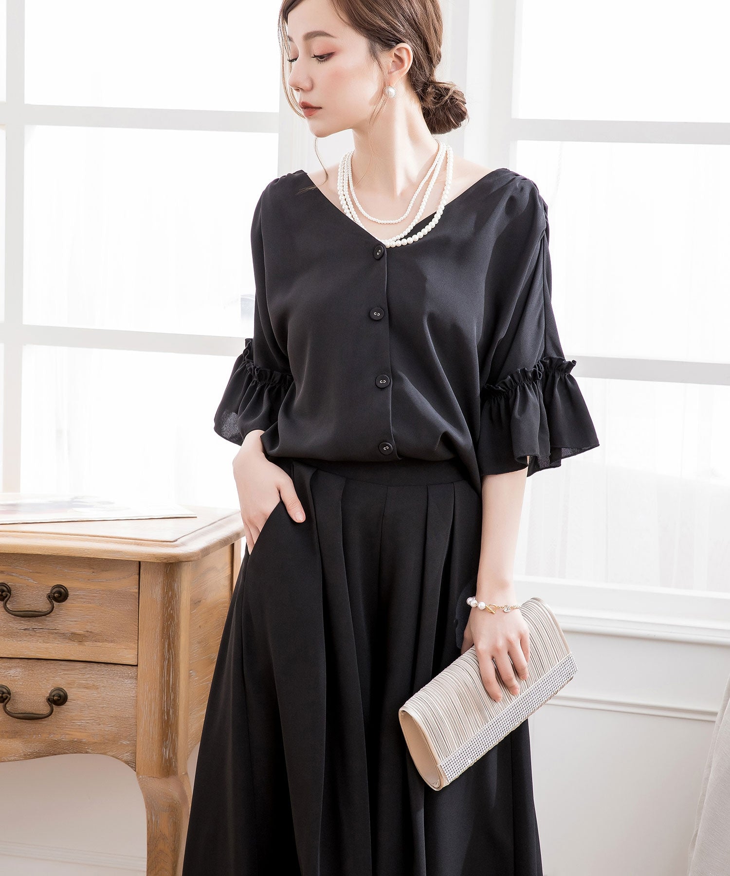 2WAY仕様ブラウス&ワイドパンツセットアップドレス・結婚式ワンピースcy88209