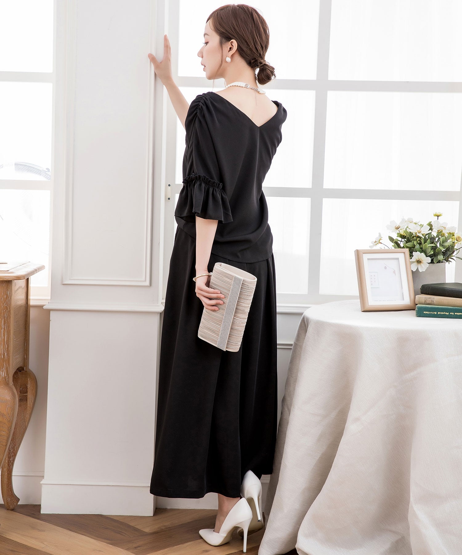 2WAY仕様ブラウス&ワイドパンツセットアップドレス・結婚式ワンピースcy88209