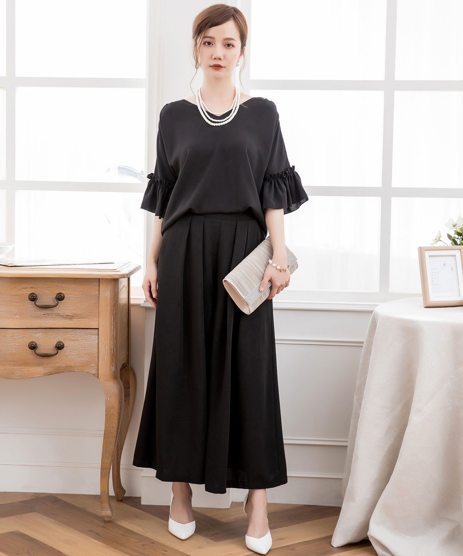 2WAY仕様ブラウス&ワイドパンツセットアップドレス・結婚式ワンピースcy88209